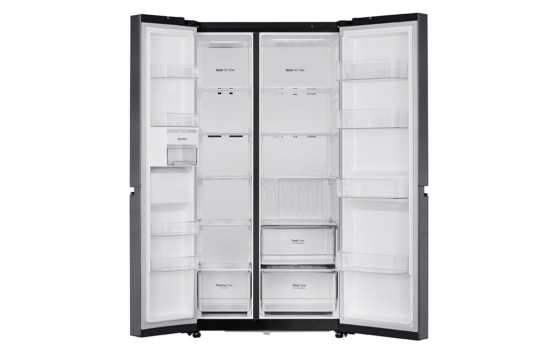 LG 674L Side-by-Side Refrigerator with Multi Air Flow, Multi Digital Sensors, Smart Diagnosis™, Matte Black Finish, 3-Star, Front all door open without food view, GC-B257KQJW, thumbnail 3