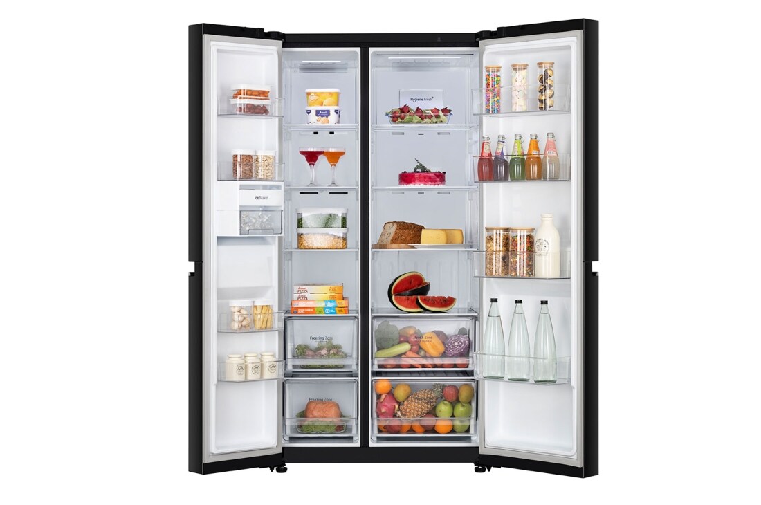 LG 674L Side-by-Side Refrigerator with Hygiene Fresh+™, DoorCooling+™, Smart Diagnosis™, Ebony Sheen Finish, 3-Star, front open door food, GC-B257SGWL, thumbnail 2