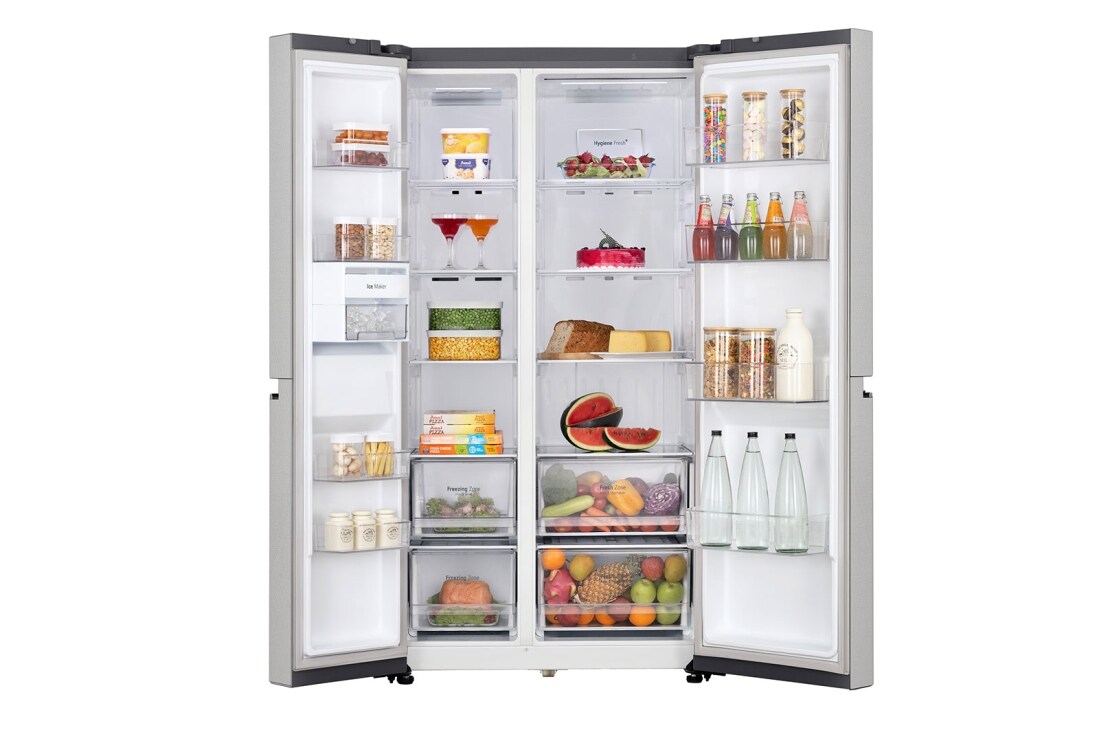 LG 674L Side-by-Side Refrigerator with Hygiene Fresh+™, DoorCooling+™, Smart Diagnosis™, Urban Steel Finish, 3-Star, front open food, GC-B257KLJW, thumbnail 2