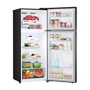 LG 330(L) | Top Freezer Refrigerator |Smart Inverter Compressor | LinearCooling™ | DoorCooling+™, open view with food stored, GN-B312PFJB, thumbnail 10