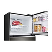 LG 330(L) | Top Freezer Refrigerator |Smart Inverter Compressor | LinearCooling™ | DoorCooling+™, top freezer opened with moving ice maker attached and food stored, GN-B312PFJB, thumbnail 6