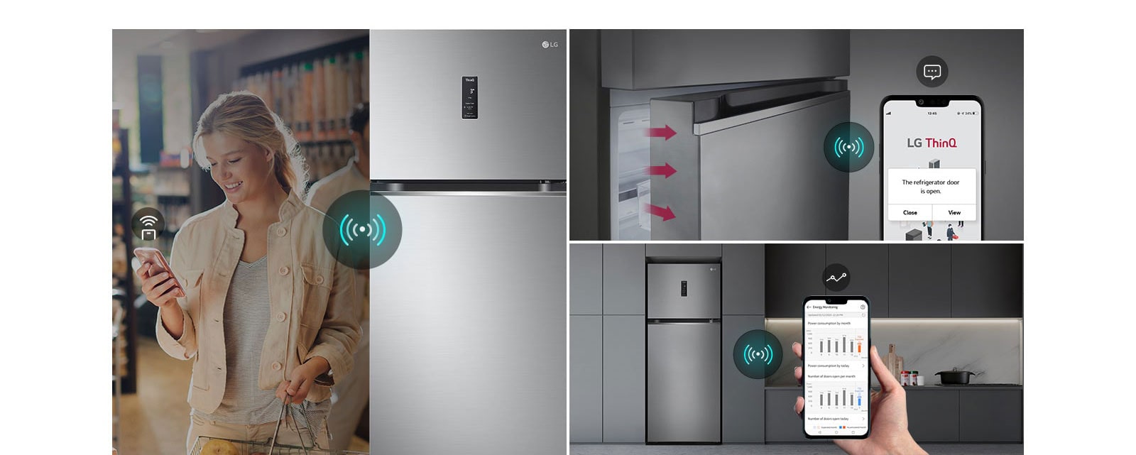 This image is a combination of images describing three different functions. It combines images of remote control through WiFi-enabled devices, smart alerts through the smartphone app when the refrigerator door is opened, and images of refrigerator status being monitored through the smartphone app.