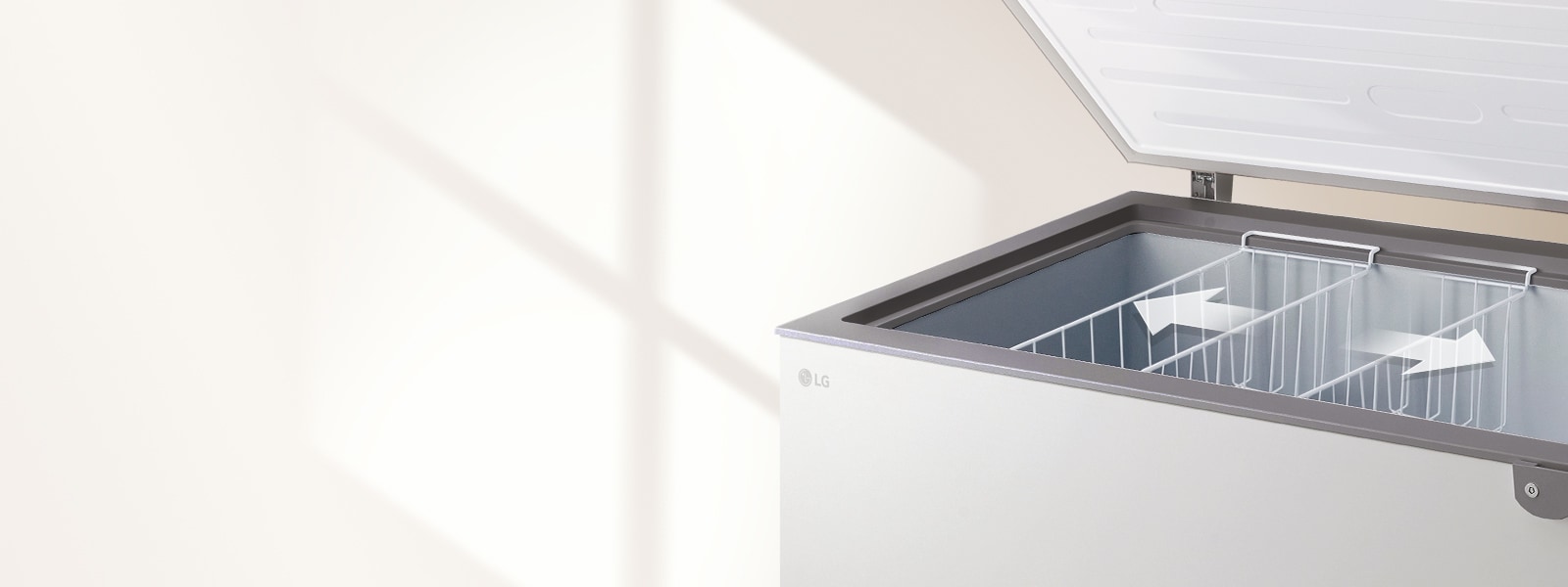 LG chest freezer basket neatly stores smaller items for quick, organized access