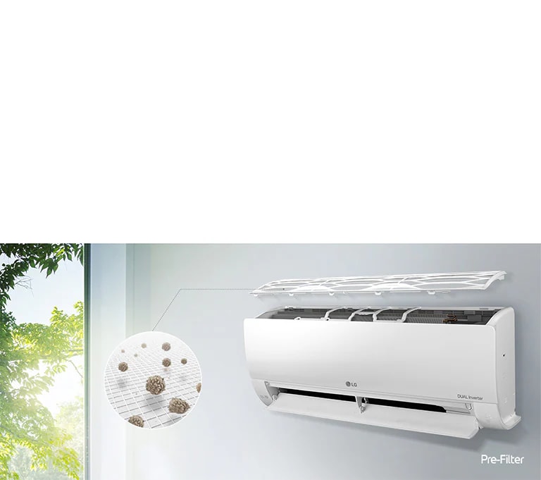 The LG air conditioner is installed on the wall and seen from the side angle. The top panel is flaoting above see the inner filters can be seen. A line from the pre-filter leads out to a magnified circle showing the dust caught in the pre-filter. The Pre-Filter logo is shown in the bottom right corner.