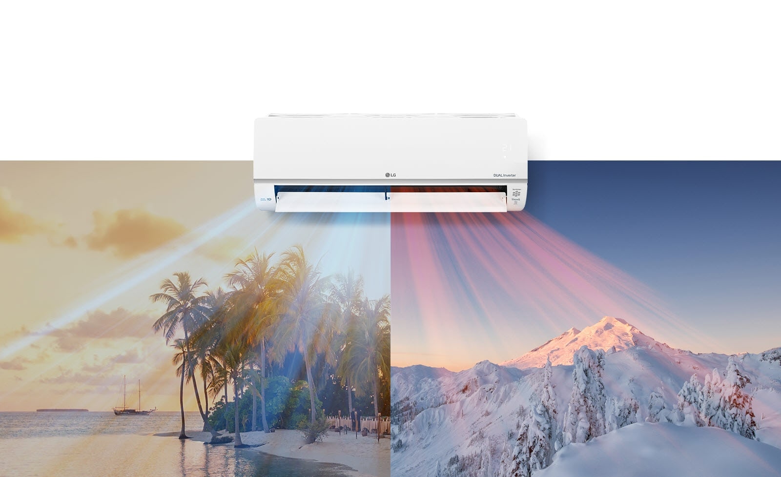 An LG air conditioner is hanging at the top center of the image. Beneath it are two images, one image shows a hot beach scene and the other shows a snowy mountain scene. Air blows out of the air conditioner with cool blue air on the beach scene and warm red air across the snowy scene.