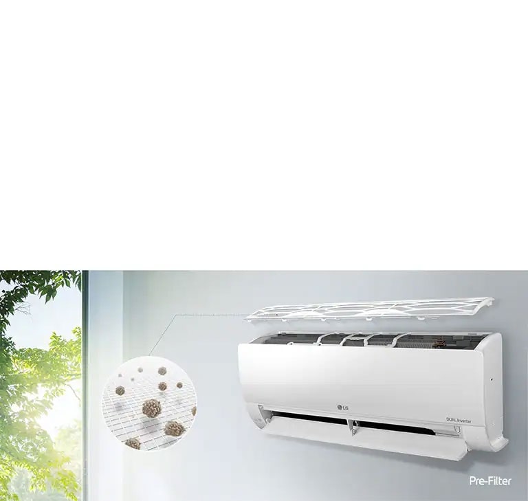 The LG air conditioner is installed on the wall and seen from the side angle. The top panel is flaoting above see the inner filters can be seen. A line from the pre-filter leads out to a magnified circle showing the dust caught in the pre-filter. The Pre-Filter logo is shown in the bottom right corner.