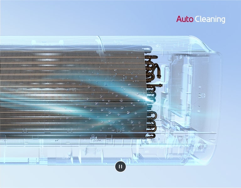 The front view of the LG air conditioner with the exterior completely invisible so the inner workings of the machine can be seen. The machine is working and then a blue light, the auto cleaning mechanism, turns on and washes across the machine with a blue light. The AutoCleaning logo is in the upper right corner.