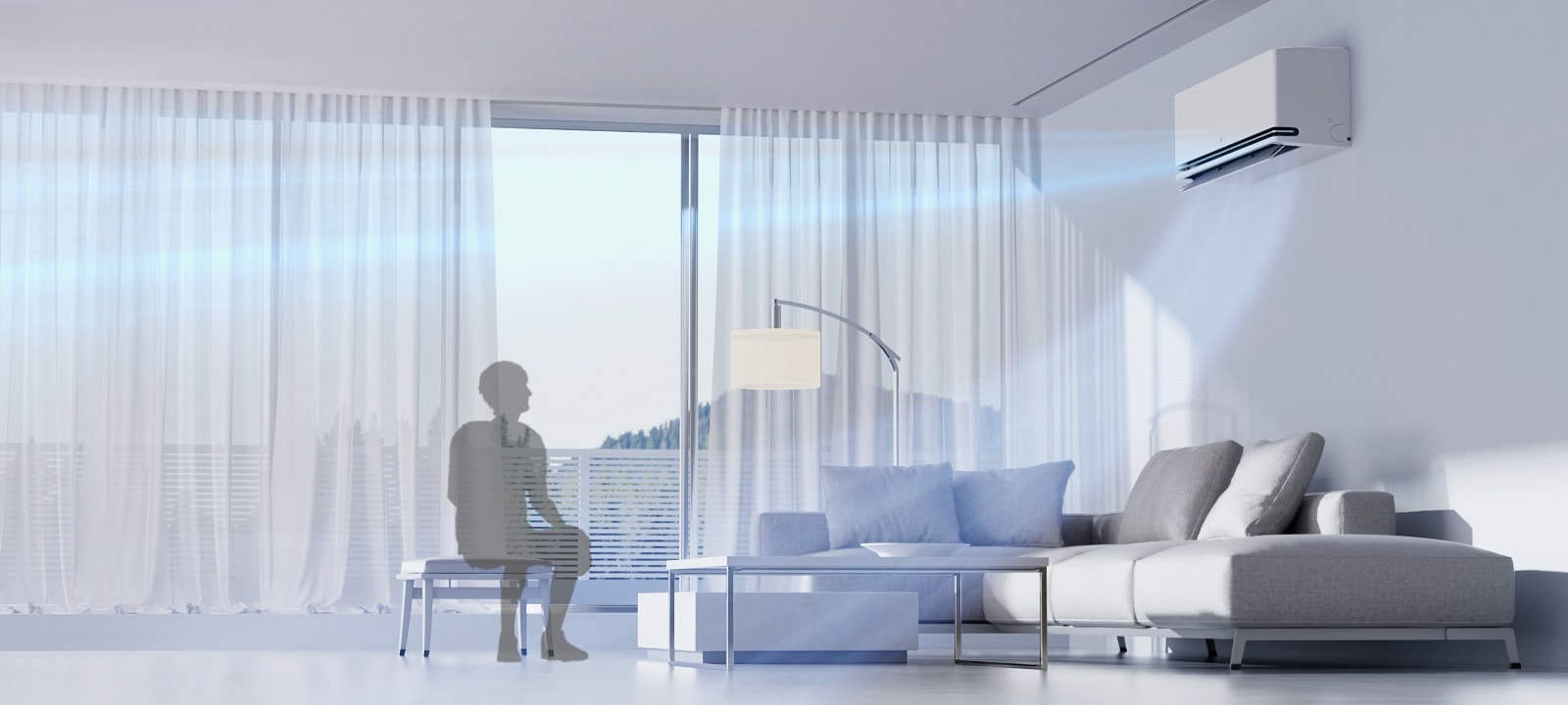 LG air conditioner with AI Air senses room temperature and human location, adjusting airflow to maintain the set temperature.