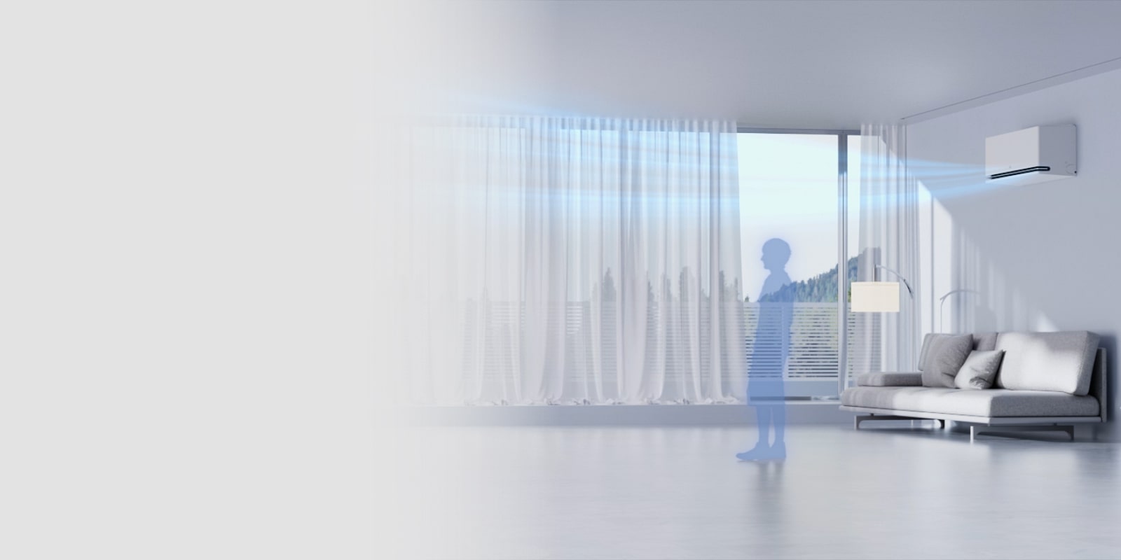 LG air conditioner in a living room features absence detection, sensing no occupants and automatically stopping operation.