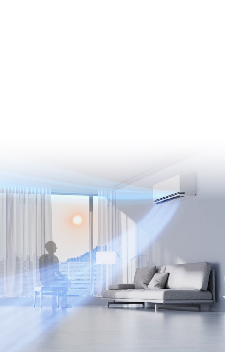 LG air conditioner in a living room uses a radar sensor to adjust airflow direction based on the room's temperature.