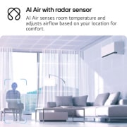 LG 1.5HP DUALCOOL AI Air Single Split Air Conditioner, Illustration of LG AI Air technology in a living room with a wall-mounted air conditioner. The system adjusts airflow by sensing room temperature and user location. The accompanying text reads: 'AI Ai, S4-Q120A1S0, thumbnail 3
