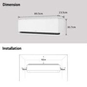 LG 1.5HP DUALCOOL AI Air Single Split Air Conditioner, Image showing LG air conditioner dimensions and installation guidelines. Dimensions: 89.5cm width, 23.5cm depth, and 30.7cm height. Installation: Requires 10cm clearance on both sides, 12cm above., S4-Q120A1S0, thumbnail 7
