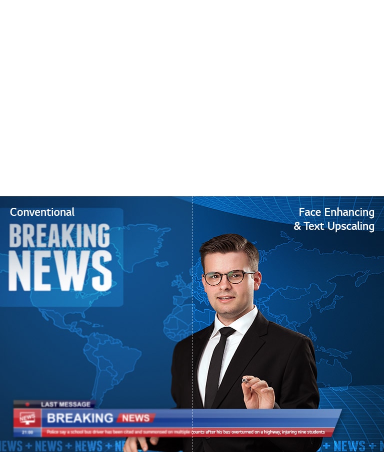 Slider comparison of picture quality of an anchor delivering breaking news with background of world map