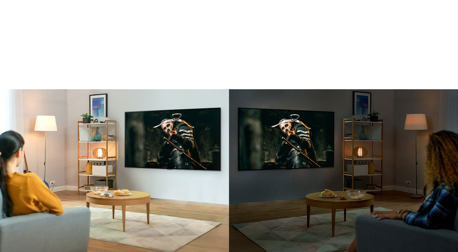 Two women watching the same scene on TV in mirrored living rooms and different brightness conditions