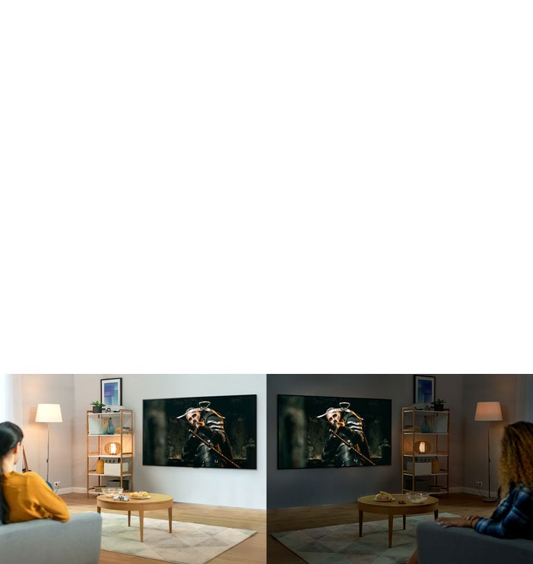 Two women watching the same scene on TV in mirrored living rooms and different brightness conditions