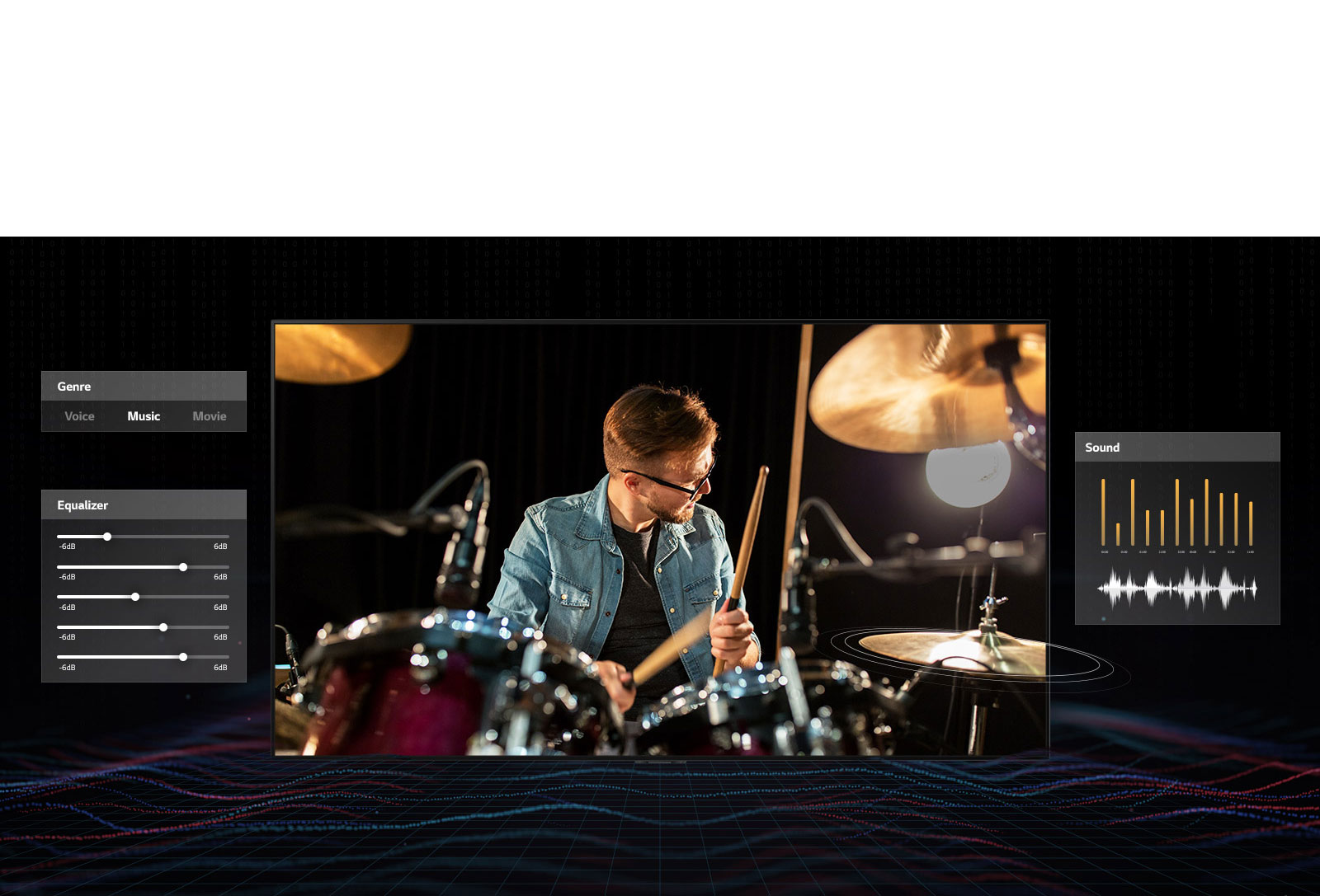 A man in glasses playing drums with music dashboard graphics on both sides
