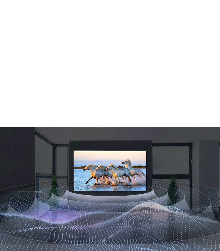 Four white horses running in the water on TV with surround sound graphic