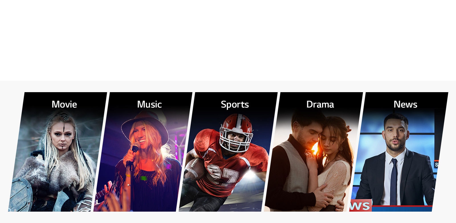 Five vertical title cards for Movie, Music, Sports, Drama and News