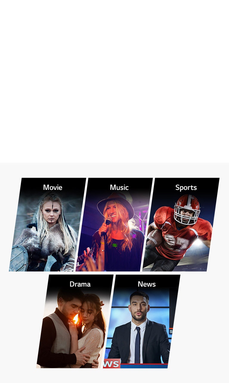 Five vertical title cards for Movie, Music, Sports, Drama and News