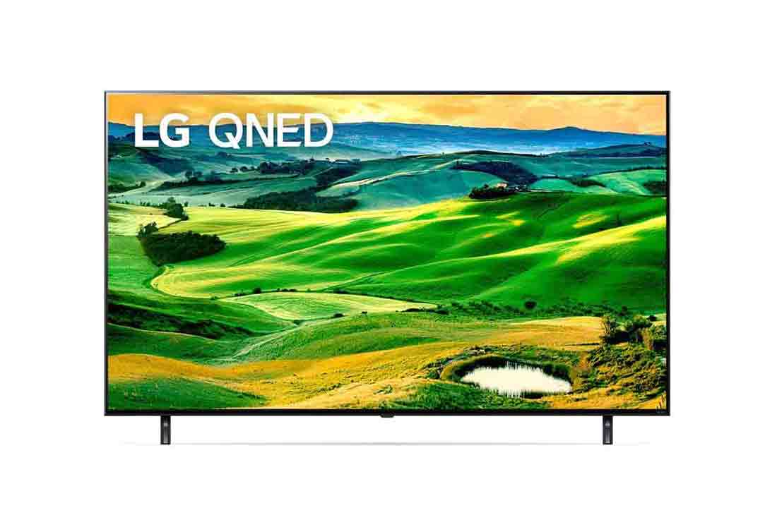LG QNED 806 series 65'' 4K Quantum Dot & Nanocell 120Hz Smart TV with ThinQ AI, A front view of the LG QNED TV with infill image and product logo on, 65QNED806QA