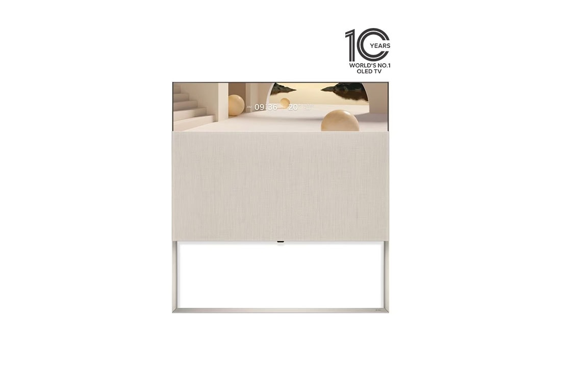 LG Objet Collection – Easel 65 inch 4K OLED, Easel seen from the front in Line View, displaying Clock Mode with a beige architectural theme., 65ART90E6QA
