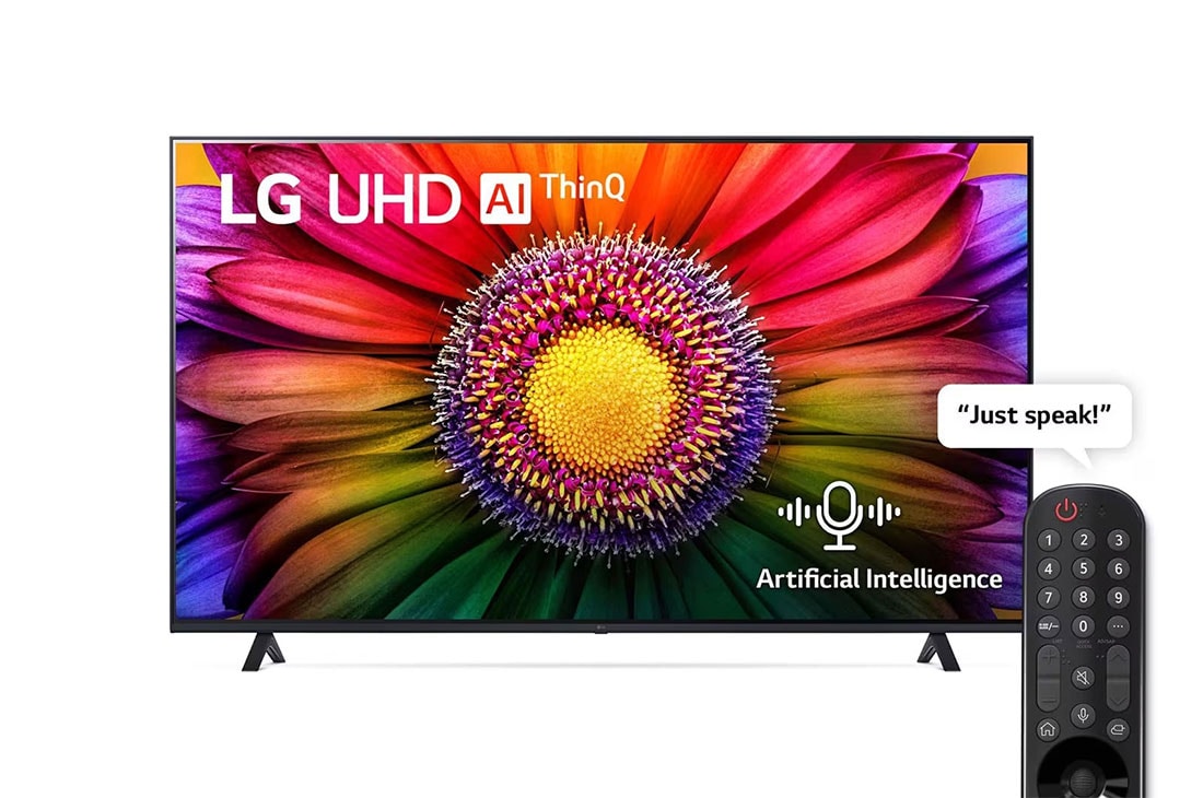 LG, UHD 4K TV, 75 inch UR80 series, WebOS Smart AI ThinQ, Magic Remote, AI Sound Pro (5.1.2ch), 2023 New, A front view of the LG UHD TV with remote, 75UR80006LJ