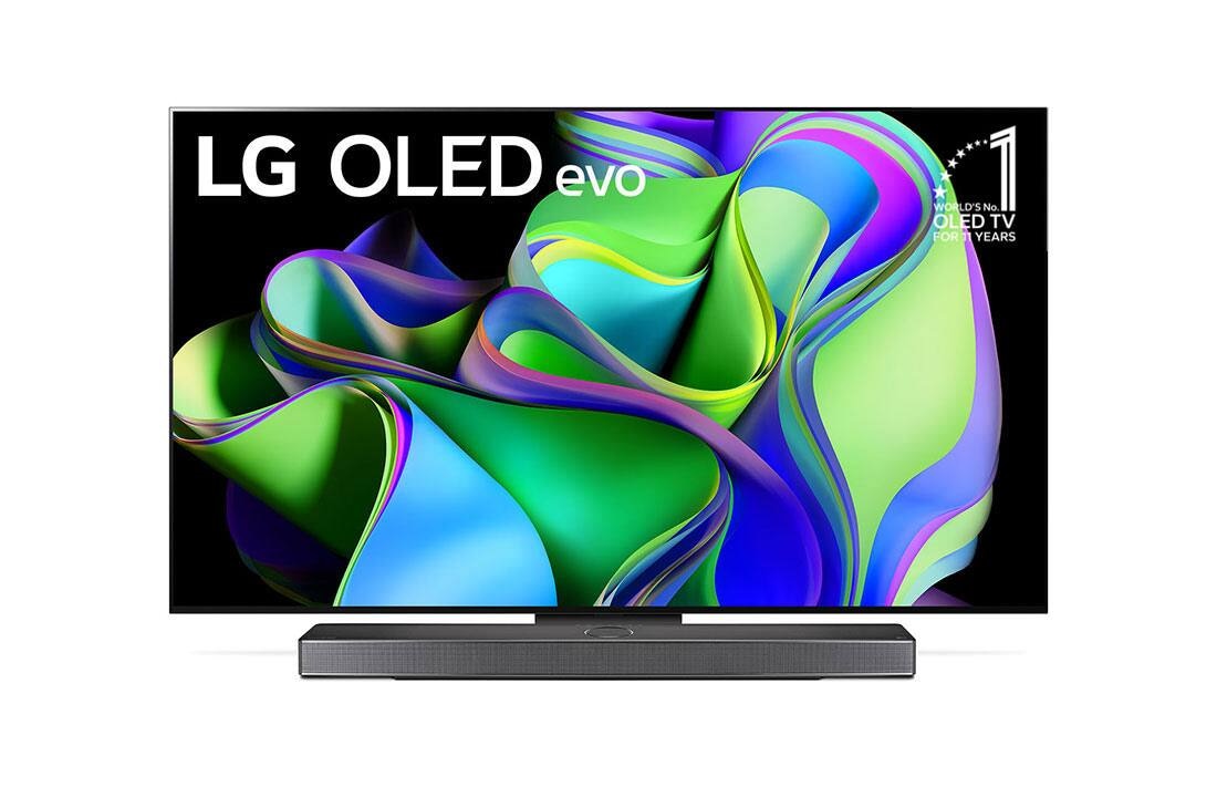 LG, OLED evo TV, 65 inch C3 series, WebOS Smart AI ThinQ, Magic Remote, 4 side cinema, Dolby Vision HDR10, HLG, AI Picture Pro, AI Sound Pro (9.1.2ch), Dolby Atmos, 1 pole stand, 2023 New, Front view with LG OLED evo and 10 Years World No.1 OLED Emblem on screen, as well as the Soundbar below. , OLED65C36LA