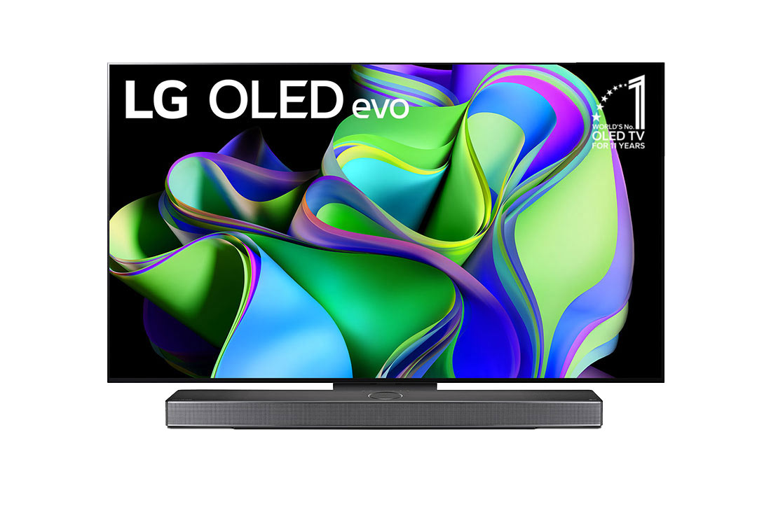 LG OLED evo C3 55 inch 4K Smart TV 2023, Front view with LG OLED evo and 10 Years World No.1 OLED Emblem on screen, as well as the Soundbar below. , OLED55C36LA