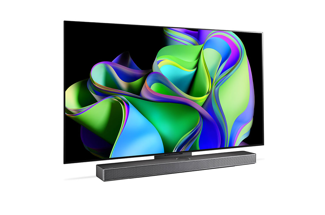 LG OLED evo C3 55 inch 4K Smart TV 2023, Slightly-angled left-facing side view with the Soundbar below. , OLED55C36LA, thumbnail 3