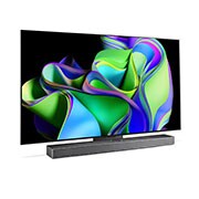 LG OLED evo C3 55 inch 4K Smart TV 2023, Slightly-angled left-facing side view with the Soundbar below. , OLED55C36LA, thumbnail 3