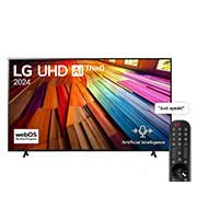 LG 86 Inch LG UHD UT80 4K Smart TV AI Magic remote HDR10 webOS24 2024, Front view of LG UHD TV, UT80 with text of LG UHD AI ThinQ, 2024, and webOS Re:New Program logo on screen, 86UT80006LA, thumbnail 1