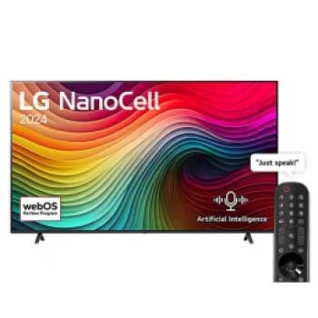 Front view of LG NanoCell TV, NANO80 with text of LG NanoCell, 2024, and webOS Re:New Program logo on screen1