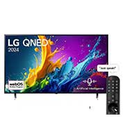 LG 65 Inch LG QNED QNED80 4K Smart TV AI Magic remote HDR10 webOS24 2024, Front view of LG QNED TV, QNED80 with text of LG QNED, 2024, and webOS Re:New Program logo on screen, 65QNED80T6B, thumbnail 1