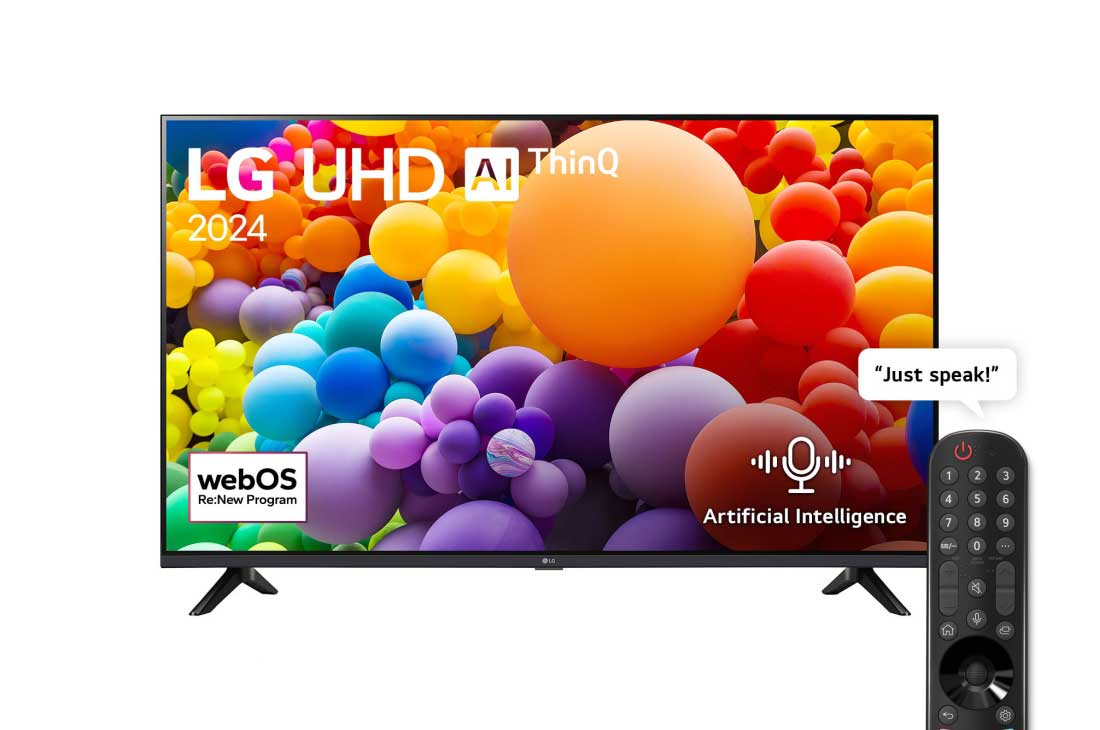 LG 43 Inch LG UHD AI UT73 4K Smart TV AI Magic remote HDR10 webOS24 2024, Front view of LG UHD TV, UT73 with text of LG UHD AI, 2024, and webOS Re:New Program logo on screen, 43UT73006LA