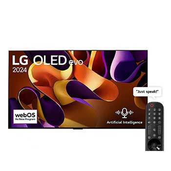 Front view with LG OLED evo TV, OLED G4, 11 Years of world number 1 OLED Emblem, and 5-Year Panel Warranty logo on screen1