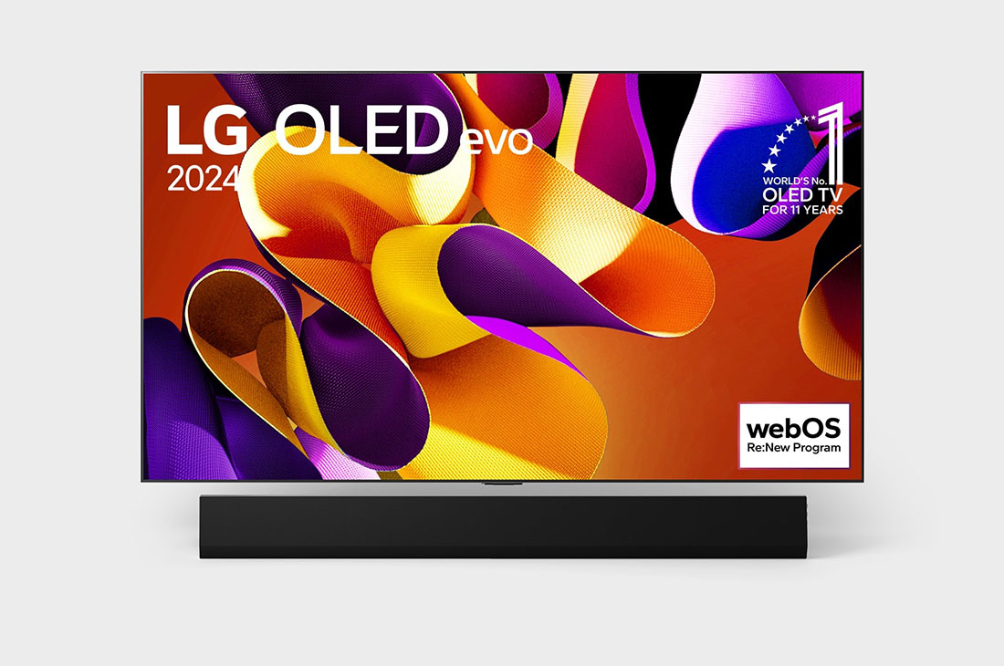 LG 77 Inch LG OLED evo G4 4K Smart TV AI Magic remote Dolby Vision webOS24 2024, Front view with LG OLED evo TV, OLED G4, 11 Years of world number 1 OLED Emblem, and 5-Year Panel Warranty logo on screen, as well as the Soundbar below, OLED77G46LA, thumbnail 2