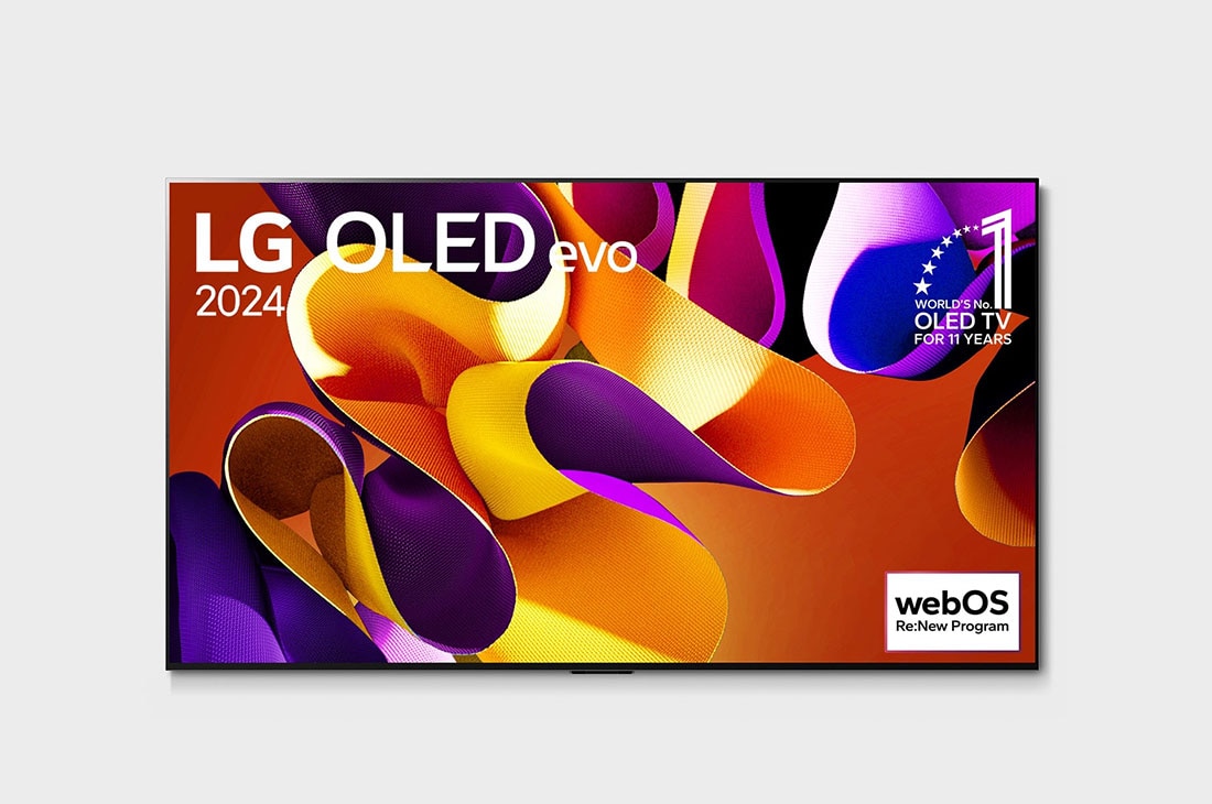 LG 77 Inch LG OLED evo G4 4K Smart TV AI Magic remote Dolby Vision webOS24 2024, Front view with LG OLED evo TV, OLED G4, 11 Years of world number 1 OLED Emblem, and 5-Year Panel Warranty logo on screen, OLED77G46LA, thumbnail 5