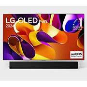 LG 77 Inch LG OLED evo G4 4K Smart TV AI Magic remote Dolby Vision webOS24 2024, Front view with LG OLED evo TV, OLED G4, 11 Years of world number 1 OLED Emblem, and 5-Year Panel Warranty logo on screen, as well as the Soundbar below, OLED77G46LA, thumbnail 2