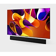 LG 77 Inch LG OLED evo G4 4K Smart TV AI Magic remote Dolby Vision webOS24 2024, Slightly-angled left-facing side view of LG OLED evo TV, OLED G4 on the wall with the Soundbar below, OLED77G46LA, thumbnail 4