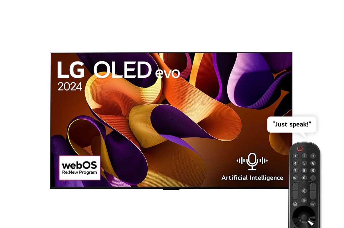 LG 77 Inch LG OLED evo G4 4K Smart TV AI Magic remote Dolby Vision webOS24 2024, Front view with LG OLED evo TV, OLED G4, 11 Years of world number 1 OLED Emblem, and 5-Year Panel Warranty logo on screen, as well as the Soundbar below, OLED77G46LA