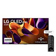 LG 77 Inch LG OLED evo G4 4K Smart TV AI Magic remote Dolby Vision webOS24 2024, Front view with LG OLED evo TV, OLED G4, 11 Years of world number 1 OLED Emblem, and 5-Year Panel Warranty logo on screen, as well as the Soundbar below, OLED77G46LA, thumbnail 1