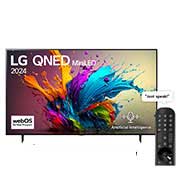 LG 75 Inch LG QNED MiniLED QNED90 4K Smart TV AI Magic remote HDR10 webOS24 2024, Front view of LG QNED TV, QNED90 with text of LG QNED MiniLED, 2024, and webOS Re:New Program logo on screen, 75QNED90T6A, thumbnail 1