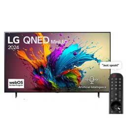 Front view of LG QNED TV, QNED90 with text of LG QNED MiniLED, 2024, and webOS Re:New Program logo on screen2