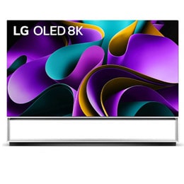 Front view with LG OLED 8K evo, 10 Years World No.1 OLED Emblem, and 5-Year Panel Warranty logo on screen.2