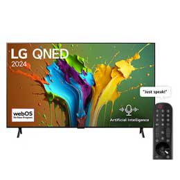 Front view of LG QNED TV, QNED89 with text of LG QNED, 2024, and webOS Re:New Program logo on screen
