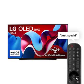 Front view with LG OLED evo TV, OLED C4, 11 Years of world number 1 OLED Emblem and webOS Re:New Program logo on screen1