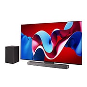 LG 77 Inch LG OLED evo C4 4K Smart TV AI Magic remote Dolby Vision webOS24 2024, Slightly-angled right-facing side view of LG OLED evo TV, OLED C4 with LG Soundbar below and a subwoofer to the side, OLED77C46LA, thumbnail 2