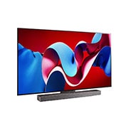 LG 77 Inch LG OLED evo C4 4K Smart TV AI Magic remote Dolby Vision webOS24 2024, Slightly-angled right-facing side view of LG OLED evo TV, OLED C4 with LG Soundbar below, OLED77C46LA, thumbnail 3
