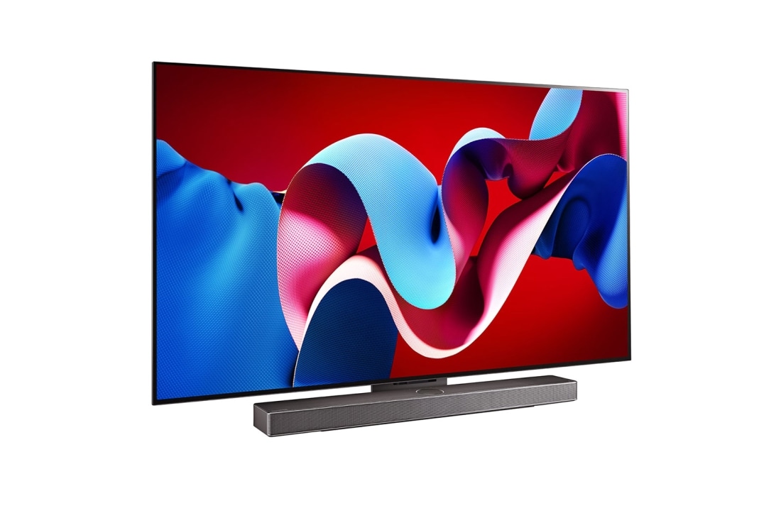 LG 77 Inch LG OLED evo C4 4K Smart TV AI Magic remote Dolby Vision webOS24 2024, Slightly-angled right-facing side view of LG OLED evo TV, OLED C4 with LG Soundbar below, OLED77C46LA, thumbnail 3