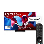 LG 77 Inch LG OLED evo C4 4K Smart TV AI Magic remote Dolby Vision webOS24 2024, Front view with LG OLED evo TV, OLED C4, 11 Years of world number 1 OLED Emblem logo and webOS Re:New Program logo on screen, as well as the Soundbar below, OLED77C46LA, thumbnail 1